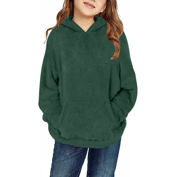 Tqyyweavej Girls Fuzzy Fleece Pullover Hoodies Sweatshirt Kids Casual Loose Outwear Coat with Pockets 4-14 Years