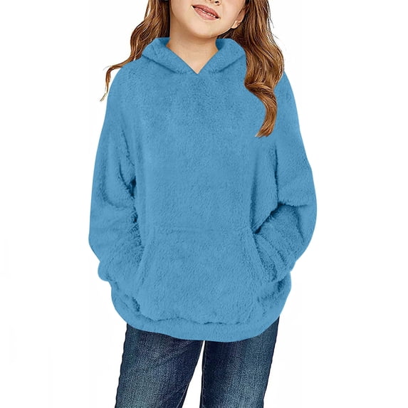 Tqyyweavej Girls Fuzzy Fleece Pullover Hoodies Sweatshirt Kids Casual Loose Outwear Coat with Pockets 4-14 Years