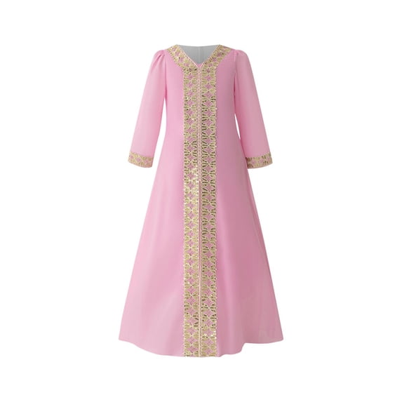 Tqyyweavej Girls Muslim Dresses Middle Eastern Banquet Long Sleeve Evening Princess Dress Exquisite Embroidered Crew-Neck Performance Dress 4-8Y