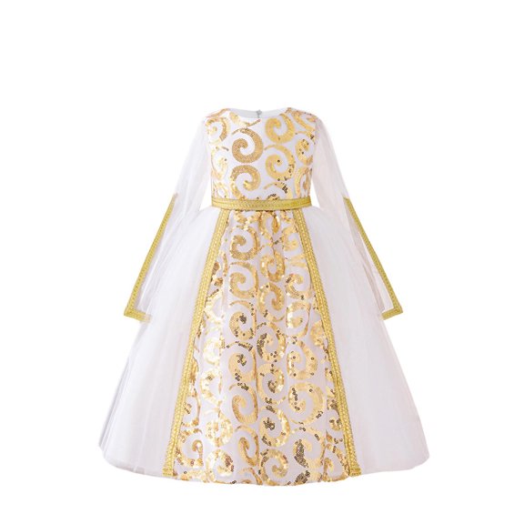 Tqyyweavej Girls Muslim Dresses Middle Eastern Banquet Long Sleeve Evening Princess Dress Exquisite Embroidered Crew-Neck Performance Dress 4-8Y