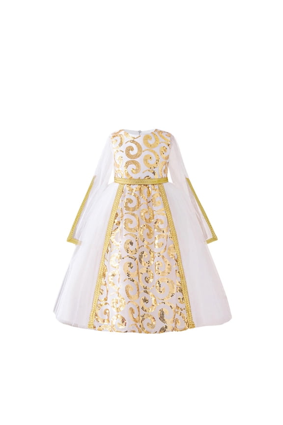 Girls Muslim Dresses Middle Eastern Banquet Long Sleeve Evening Princess Dress Exquisite Embroidered Crew-Neck Performance Dress 4-8Y