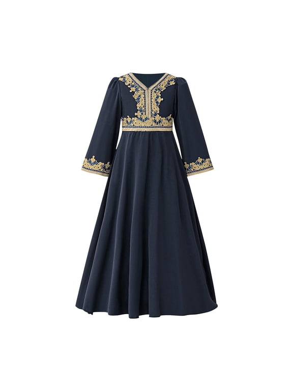Girls Muslim Dresses Middle Eastern Banquet Long Sleeve Evening Princess Dress Exquisite Embroidered Crew-Neck Performance Dress 8-14Y