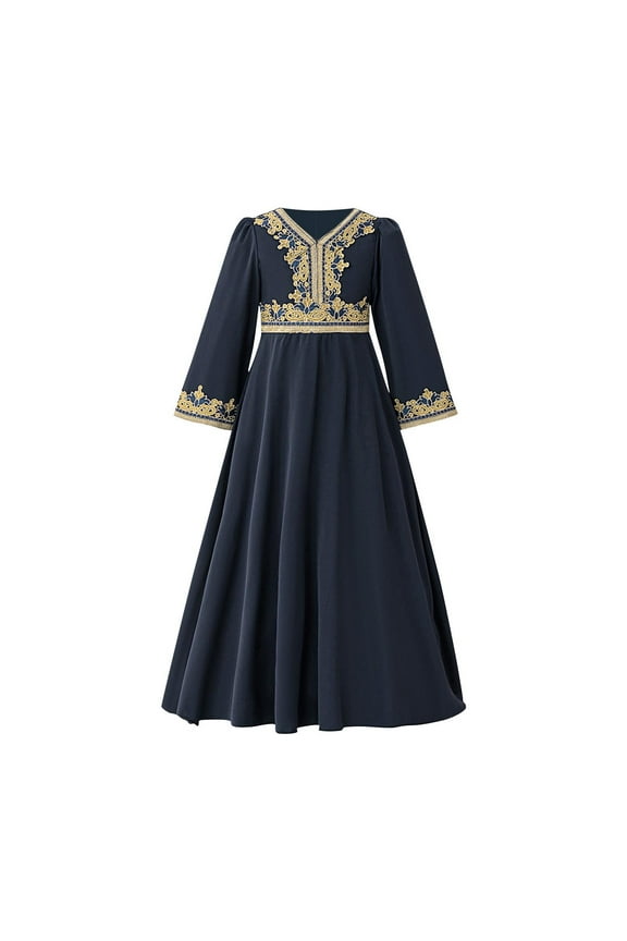 Girls Muslim Dresses Middle Eastern Banquet Long Sleeve Evening Princess Dress Exquisite Embroidered Crew-Neck Performance Dress 8-14Y
