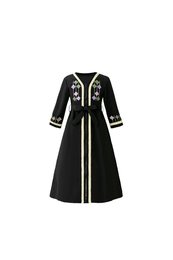 Girls Muslim Dresses Middle Eastern Banquet Long Sleeve Evening Princess Dress Exquisite Embroidered V-neck Performance Dress 4-8Y