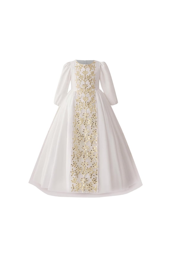 Girls Muslim Dresses Middle Eastern Banquet Long Sleeve Princess Evening Dress Exquisite Embroidered Crew-Neck Performance Dress 4-8Y