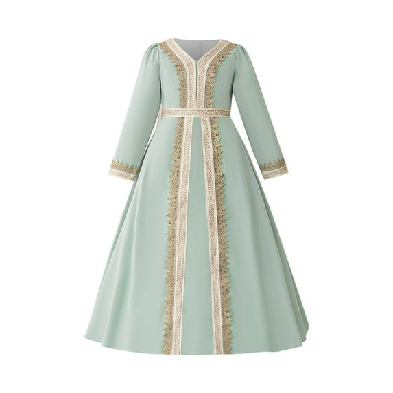 Tqyyweavej Girls Muslim Dresses Middle Eastern Banquet Long Sleeve Princess Evening Dress Exquisite Embroidered Crew-Neck Performance Dress 4-8Y