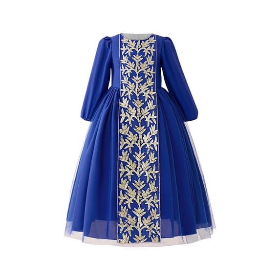 Tqyyweavej Girls Muslim Dresses Middle Eastern Banquet Long Sleeve Princess Evening Dress Exquisite Embroidered Crew-Neck Performance Dress 4-8Y