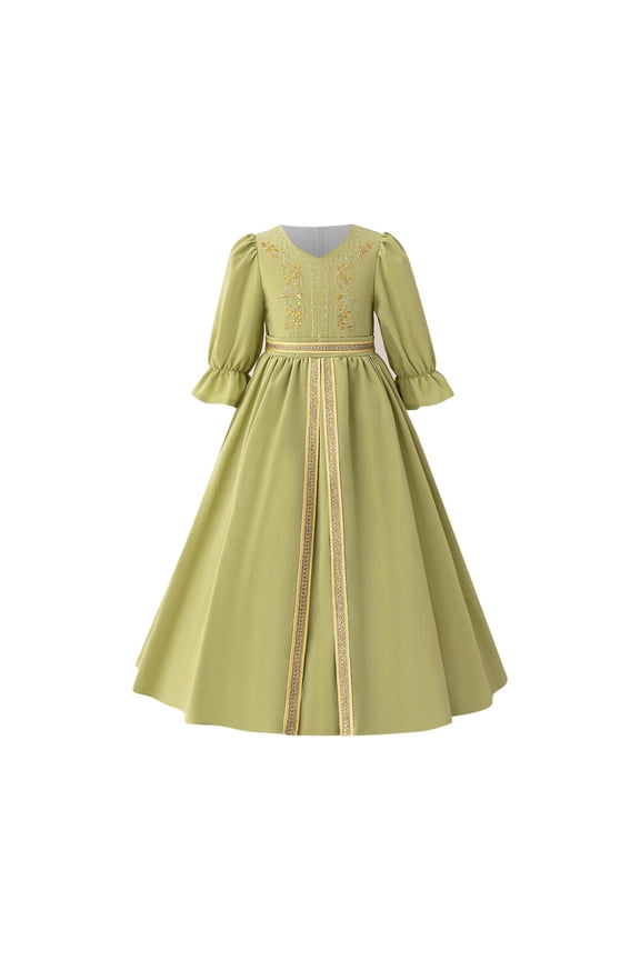 Girls Muslim Ramadan Abaya Kids Long Sleeve V Neck Embroidery Prayer Dress Middle East Arabic Kaftan Dress 8-14Y