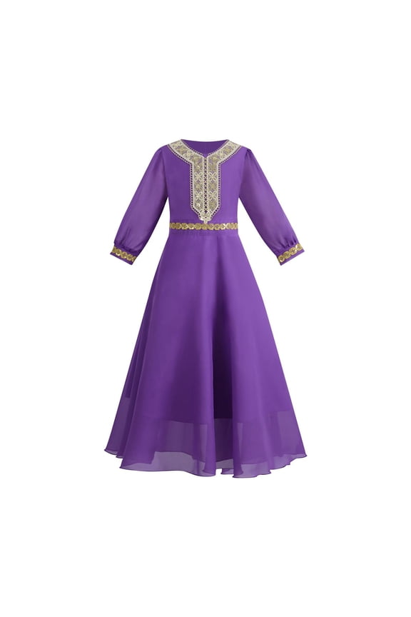 Girls Muslim Ramadan Abaya Kids Long Sleeve V Neck Embroidery Prayer Dress Middle East Arabic Kaftan Dress 8-14Y