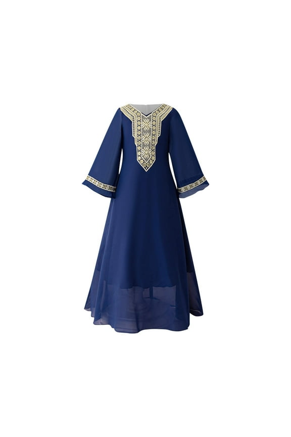 Girls Muslim Ramadan Abaya Kids Long Sleeve V Neck Embroidery Prayer Dress Middle East Arabic Kaftan Dress 8-14Y