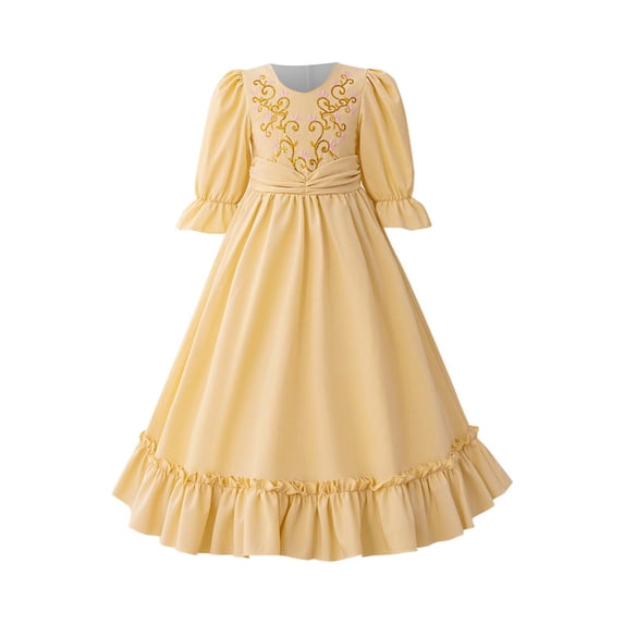 Tqyyweavej Girls Muslim Ramadan Abaya Kids Long Sleeve V Neck Embroidery Prayer Dress Middle East Arabic Kaftan Dress 8-14Y
