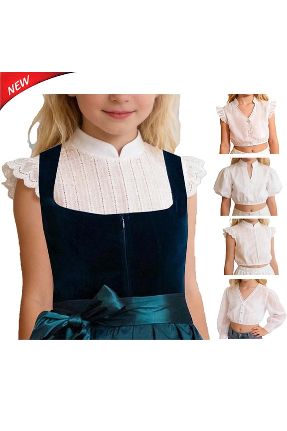 Girls' Ruffle Sleeve Shirts Lace Button Down Short Sleeve Undershirts Comfortable V Neck Cropped Blouses 7-14T, White