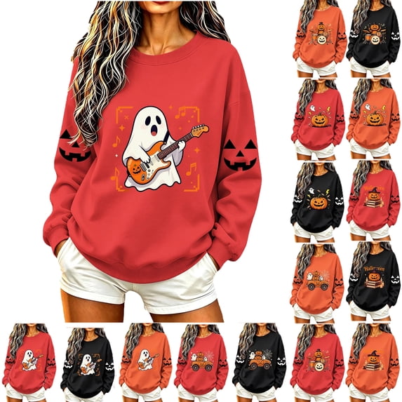 Tqyyweavej Halloween Sweatshirts for Women Pumpkin Face Graphic Crew Neck Pullover Top Loose Fit Casual Long Sleeve Shirts for Women
