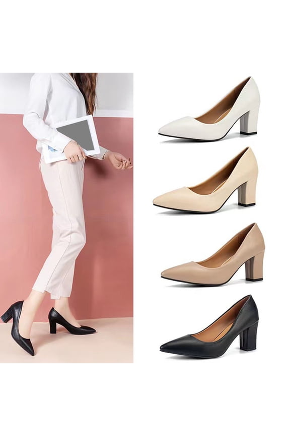 High Heels Pumps for Women Oversized Arch Support Chunky Block Heel Work Office Shoes Slip On Pointed Closed Toe Dressy Shoes