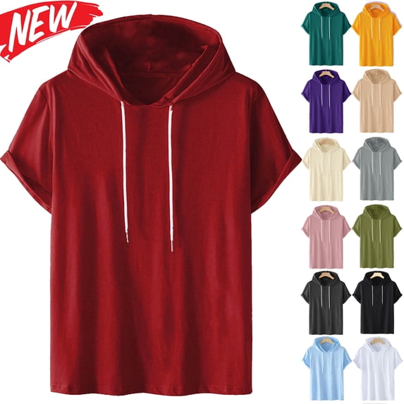 Tqyyweavej Hoodies for Men Workout Gym Short Sleeve Drawstring T-Shirts Solid Color Loose Lounge Tops with Hood Size S to 4XL