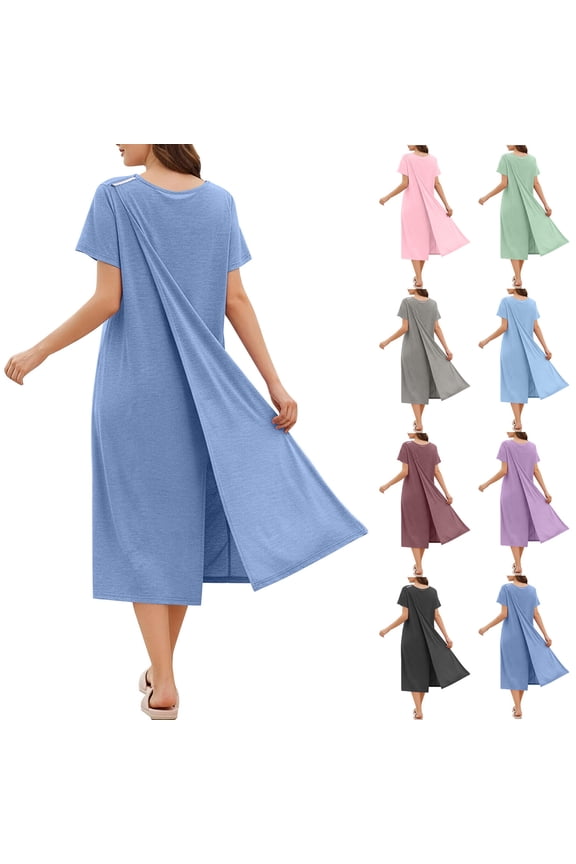 Hospital Gowns for Women Open Back Tear Away Snap Crewneck Surgery Dress Solid Color Short Sleeve Midi Dress with Pocket