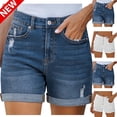 thumbnail image 2 of Tqyyweavej Jeans Shorts for Women Folded Hem Mid Rise Casual Shorts Ripped Straight Leg Stretch Denim Shorts with Pockets S-2XL, 2 of 10