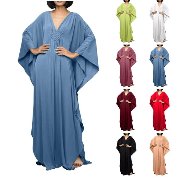 Tqyyweavej Kaftan Dresses for Women Plus Size Solid Color Loose Beach Cover Up Robe Soft Long Sleeve Deep V Neck Popular Swimsuit Coverup