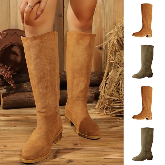 Tqyyweavej Knee High Boots Women Faux Suede Slip On Round Toe Boots Oversized Low Chunky Heeled Versatile Solid Color Boots for Women