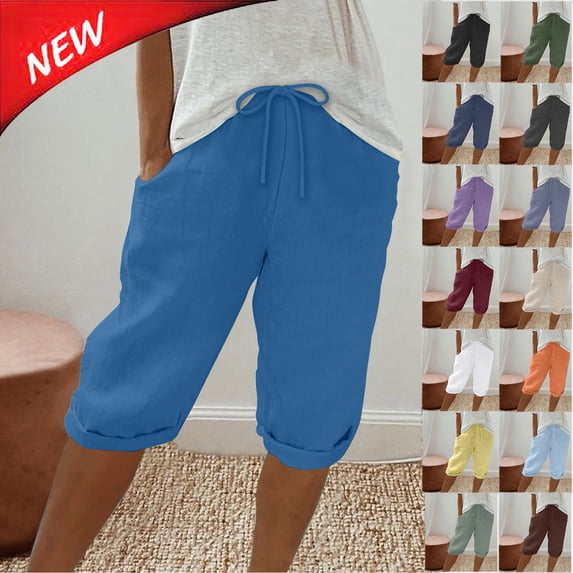 Tqyyweavej Linen Bermuda Shorts for Women Drawstring Solid Color Straight Leg 5 Inch Shorts Folded Hem Pull-On Elastic Waist Shorts with Pockets