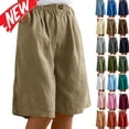 thumbnail image 1 of Tqyyweavej Linen Bermuda Shorts for Women Elastic Rised Loose Wide Leg 5 Inch Shorts Pull On Solid Color Shorts with Pockets Size S to 3XL, 1 of 8