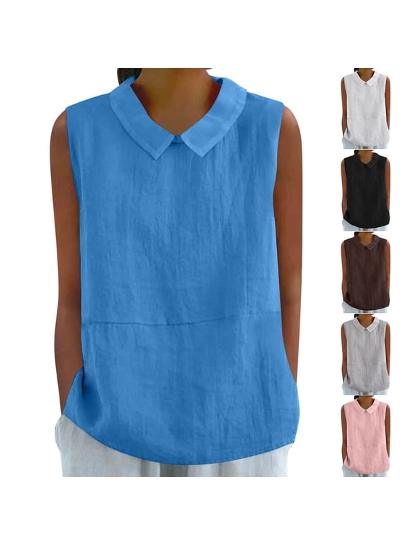 Linen Tank Tops for Women Sleeveless Peter Pan Collar Casual Vests Summer Solid Color Baggy Cute Tops Size S to 2XL