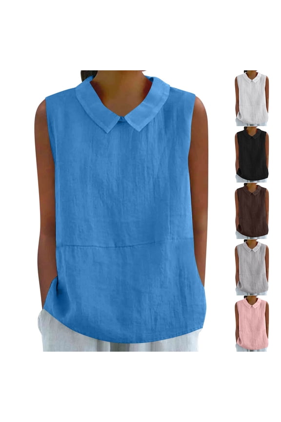 Linen Tank Tops for Women Sleeveless Peter Pan Collar Casual Vests Summer Solid Color Baggy Cute Tops Size S to 2XL