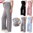 thumbnail image 1 of Tqyyweavej Maternity Ice Silk Pants for Women Oversize Drawstring Over The Belly Pants Ribbed Straight Leg Summer Pregnancy Pants, 1 of 8