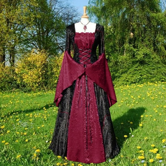 Tqyyweavej Medieval Victorian Dress for Women Vintage Witch Renaissance Gown Vampire Gothic Cosplay Halloween Costumes for Women S-5XL