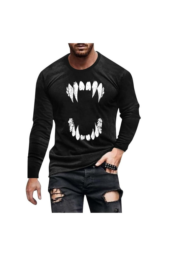 Men Halloween Shirts Adult Fun Printed Crew Neck Long Sleeve Casual Regular Fit Shirt Costumes M-5XL