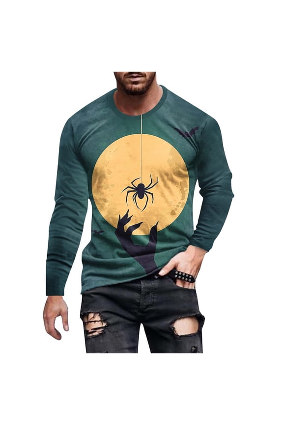 Men Halloween Shirts Costumes Adult Fun Printed Crew Neck Long Sleeve Casual Regular Fit Shirt M-5XL