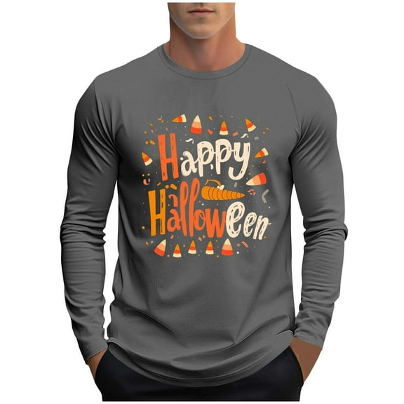 Tqyyweavej Men Halloween Shirts Plus Size Adult Pumpkin Print Long Sleeve Casual Crew Neck Shirt Costumes M-5XL
