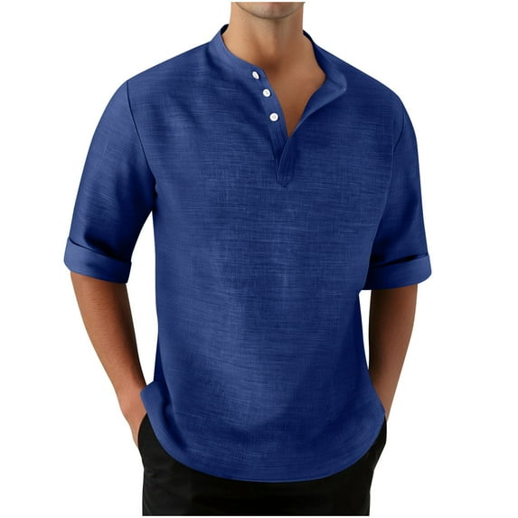 Tqyyweavej Men's 3/4 Sleeve Shirts Band Collar Pullover Relaxed Fit Casual Stylish Golf Solid Lightweight Shirt for Men with Pocket