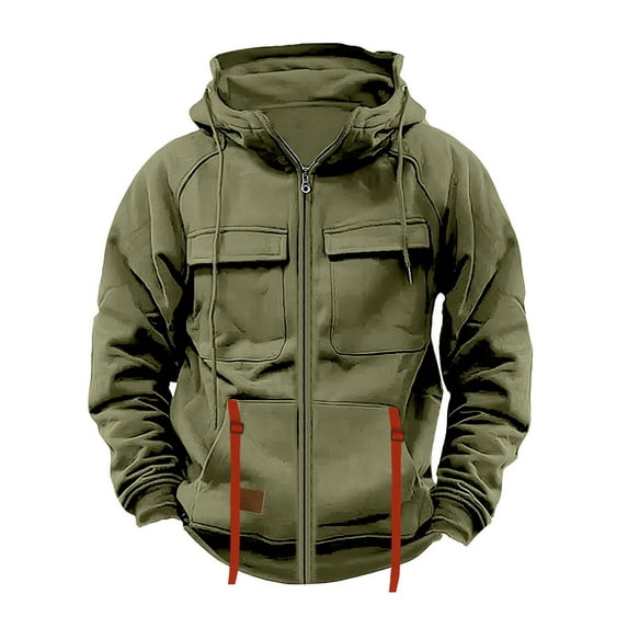 Tqyyweavej Men's Cargo Jacket Vintage Long Sleeve Coat Full Zip Hooded Work Outerwear Outdoor Jackets with Multi Pockets