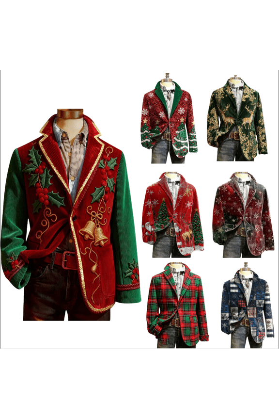 Men's Christmas Blazer Xmas Theme Party V-neck Corduroy Suit Fall Ugly Jacket Christmas Gifts for Men, Size S to 4XL