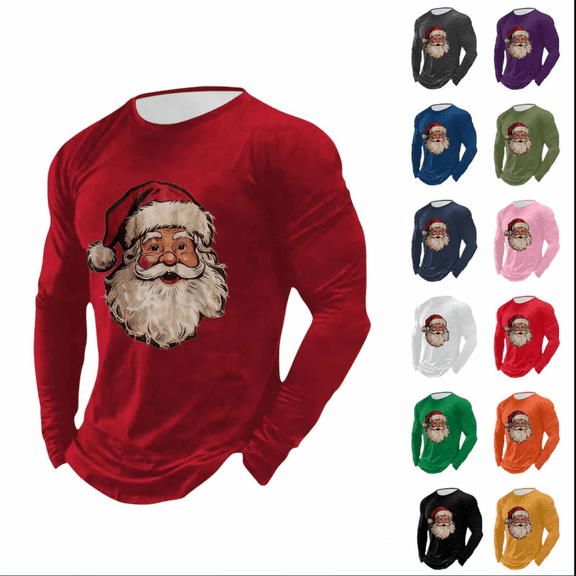 Tqyyweavej Men's Christmas Sweatshirts Santa Claus Pattern Solid Color T-shirt Funny Long Sleeve Shirts Christmas Gifts for Men Size S to 5XL