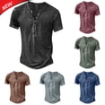 thumbnail image 1 of Tqyyweavej Men's Distressed Henley Shirts Short Sleeve Botton V Neck T-Shirts Solor Color Baggy Vintage Cotton Tees Tops M-4XL, 1 of 6