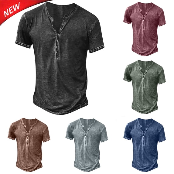 Tqyyweavej Men's Distressed Henley Shirts Short Sleeve Botton V Neck T-Shirts Solor Color Baggy Vintage Cotton Tees Tops M-4XL