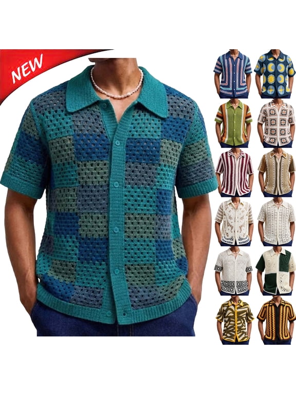 Men's Knit Shirts Crochet Striped Summer Short Sleeve Sweater Botton Down Lapel Collar Color Block Tops Size M to 3XL