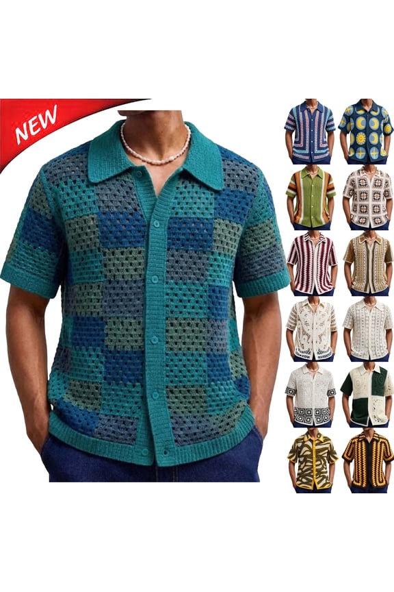 Men's Knit Shirts Crochet Striped Summer Short Sleeve Sweater Botton Down Lapel Collar Color Block Tops Size M to 3XL
