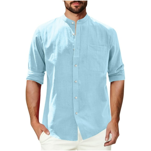 Tqyyweavej Men's Linen Shirts Long Sleeve Button Down Shirt Cotton Band Collar Solid Color Relaxed Fit Beach Shirts with Pocket