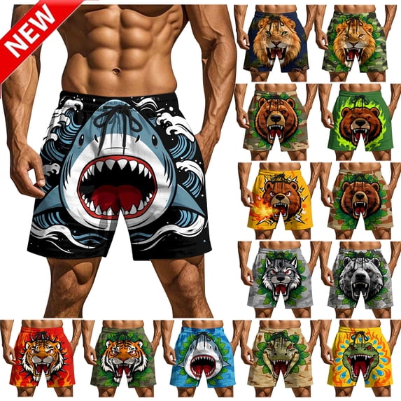 Tqyyweavej Men's Plus Swim Trunks Pull-On Funny Pattern Color Block Shorts Drawstring Wide Leg Baggy Swim Shorts with Pockets