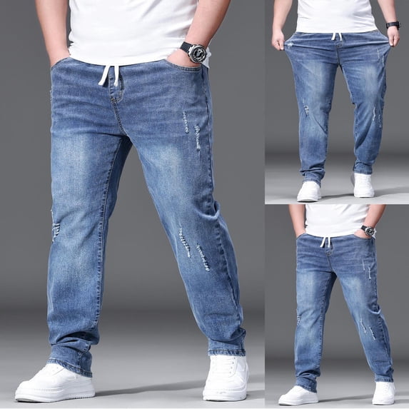 Tqyyweavej Men's Relaxed Fit Jeans Oversized Ripped Stretch Drawstring Cargo Denim Pants Open Bottom Casual Everyday Jeans with Pockets