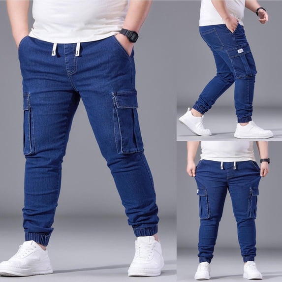 Tqyyweavej Men's Relaxed Fit Jeans Oversized Stretch Drawstring Skinny Cargo Denim Pants Elastic Bottom Casual Everyday Jeans with Pockets
