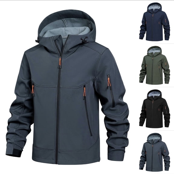 Tqyyweavej Men's Softshell Jacket Waterproof Windproof Fleece Lined Windbreaker Insulated Solid Color Hooded Rain Coat with Multi Zip Pockets