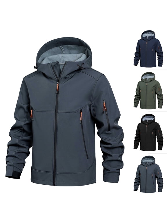 Men's Softshell Jacket Waterproof Windproof Fleece Lined Windbreaker Insulated Solid Color Hooded Rain Coat with Multi Zip Pockets