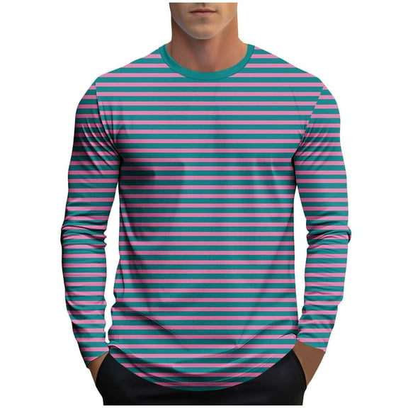 Tqyyweavej Men's Striped Long Sleeved T-Shirt, Casual Round Neck Long Sleeved Top, Regular-Fit Daily Striped T-Shirt Basic Style S-4XL