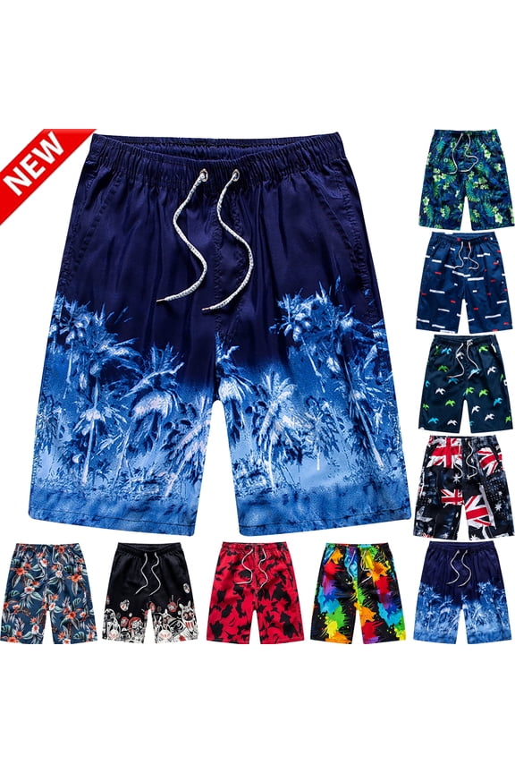 Men's Swim Trunks Quick Dry Elastic Rise Printed Summer Beach Shorts Drawstring Straight Leg Swim Shorts with Pockets