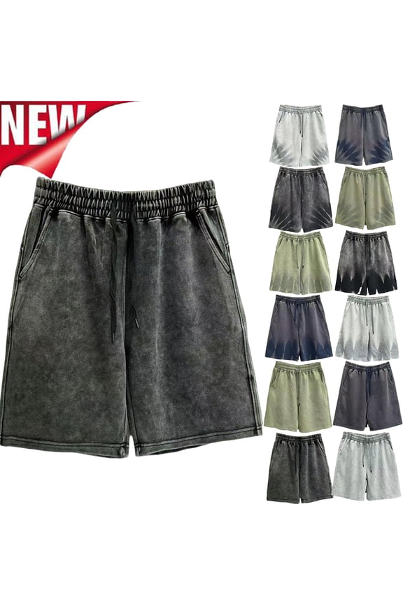 Men's Wash Denim Shorts Cotton Drawstring Wide Leg Jean Shorts Pull-On Straight Leg Solid Color Denim Shorts with Pockets