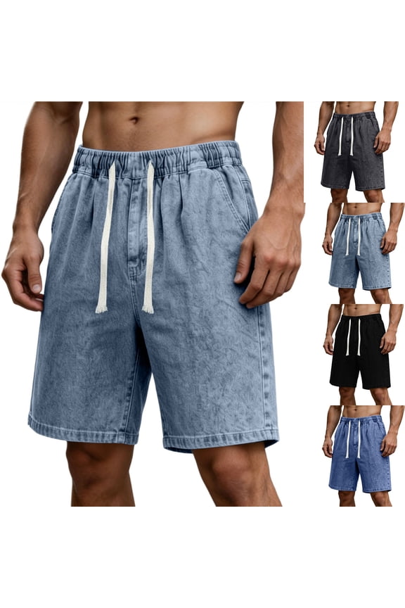 Mens Baggy Jean Shorts Loose Fit Drawstring Straight Leg Bermuda Shorts Pull On Solid Color Denim Shorts Men with Pockets S-3XL